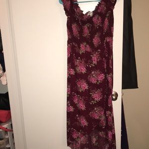 Red and pink maxi off the shoulder dress